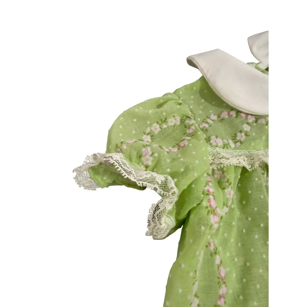 Handmade Baby Doll Outfit‎ Green Swiss Dot Floral Dress Slip Bloomers 3pc Set